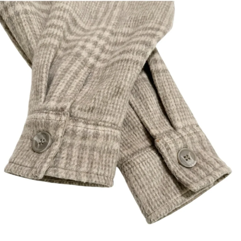 JOIE Plaid Thick Flannel Button-Up Fleece Oversized Shacket in Tan/Cream Size M